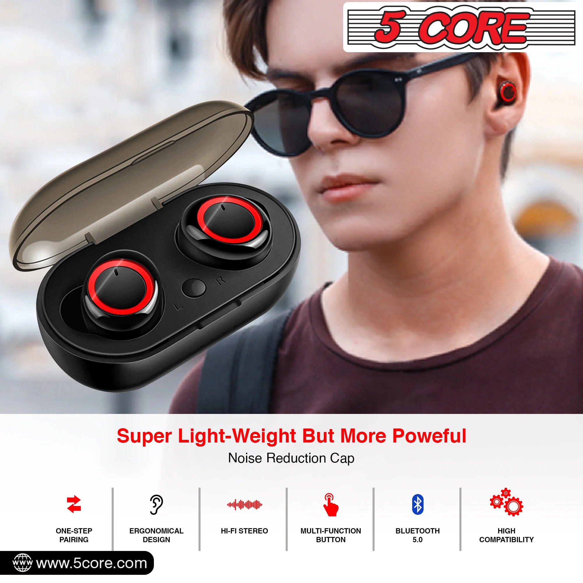 5Core Wireless Ear Buds Mini Bluetooth Noise Cancelling Earbud Headphones 32 Hours Playtime IPX8