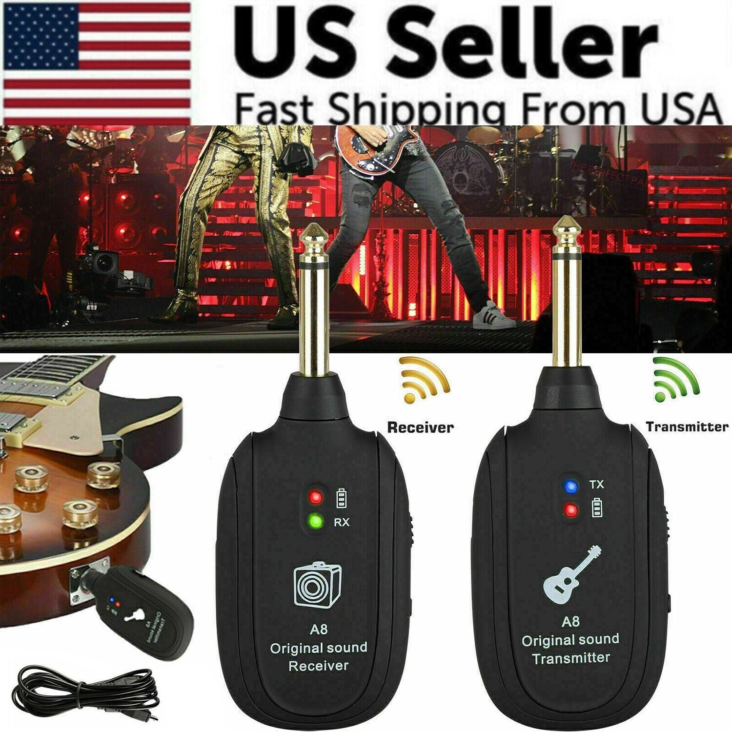 UHF Guitar Wireless System Transmitter+Receiver Built in Rechargeable Battery