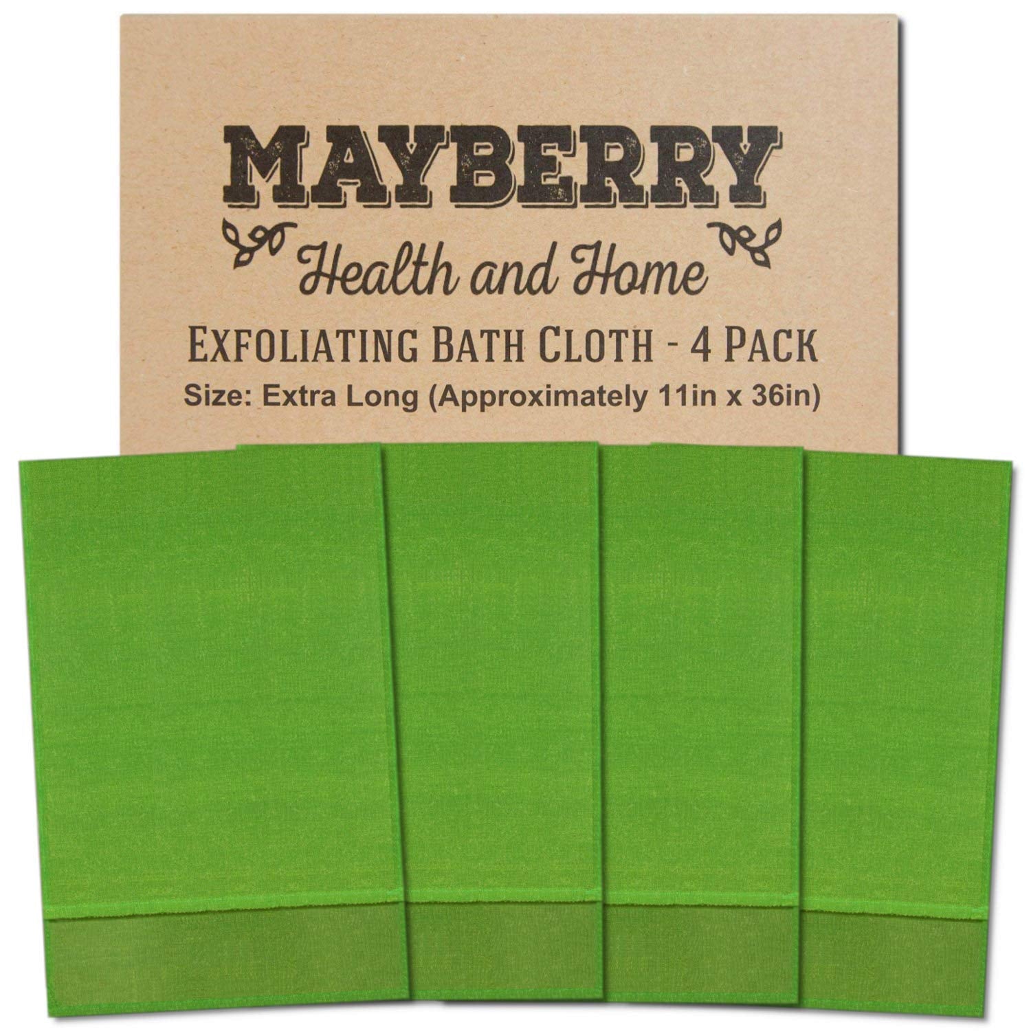 Extra Long (36 Inches) Exfoliating Bath Cloth/Towel - 4 Pack of Nylon Bath Cloths/Towels, Stitched on All Sides for Enhanced Durability - Green