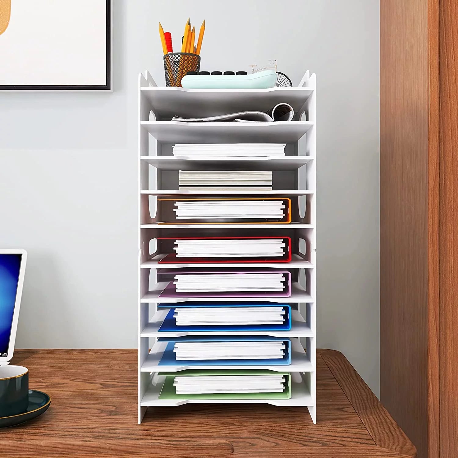 10-Tier Office Stackable Paper Organizer - White Desktop File Sorter, Letter Tray Holder, Document Storage Rack for Home, Office, and School