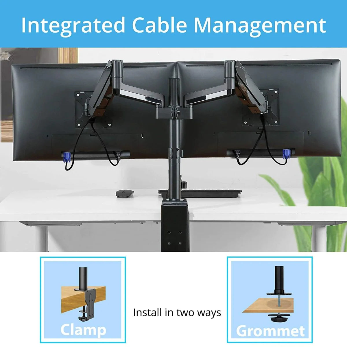 Height Adjustable Gas Spring Dual Monitor Stand for 2 Monitors (10-27 Inches) - Black