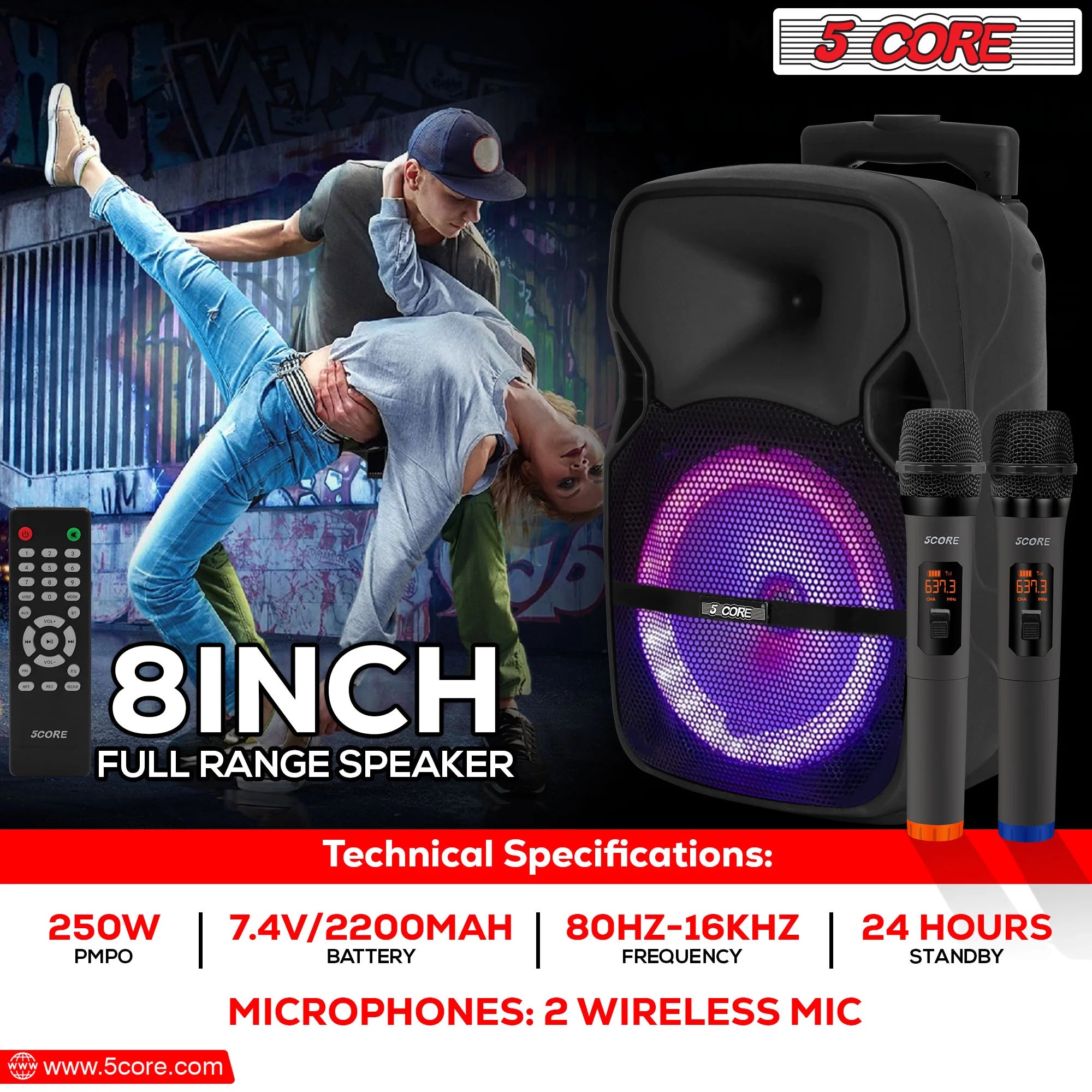 5 Core DJ Speakers 8" Rechargeable Powered PA System 250W Loud Speaker - Active Home 8 2-MIC