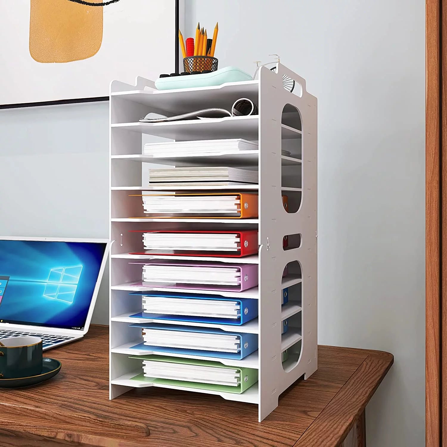 10-Tier Office Stackable Paper Organizer - White Desktop File Sorter, Letter Tray Holder, Document Storage Rack for Home, Office, and School