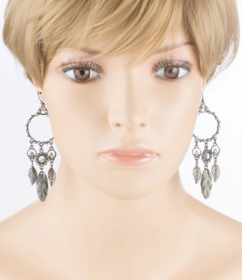 Elegant Leaf Drop Circle Crystal Rhinestone Dangle Earrings - Hematite