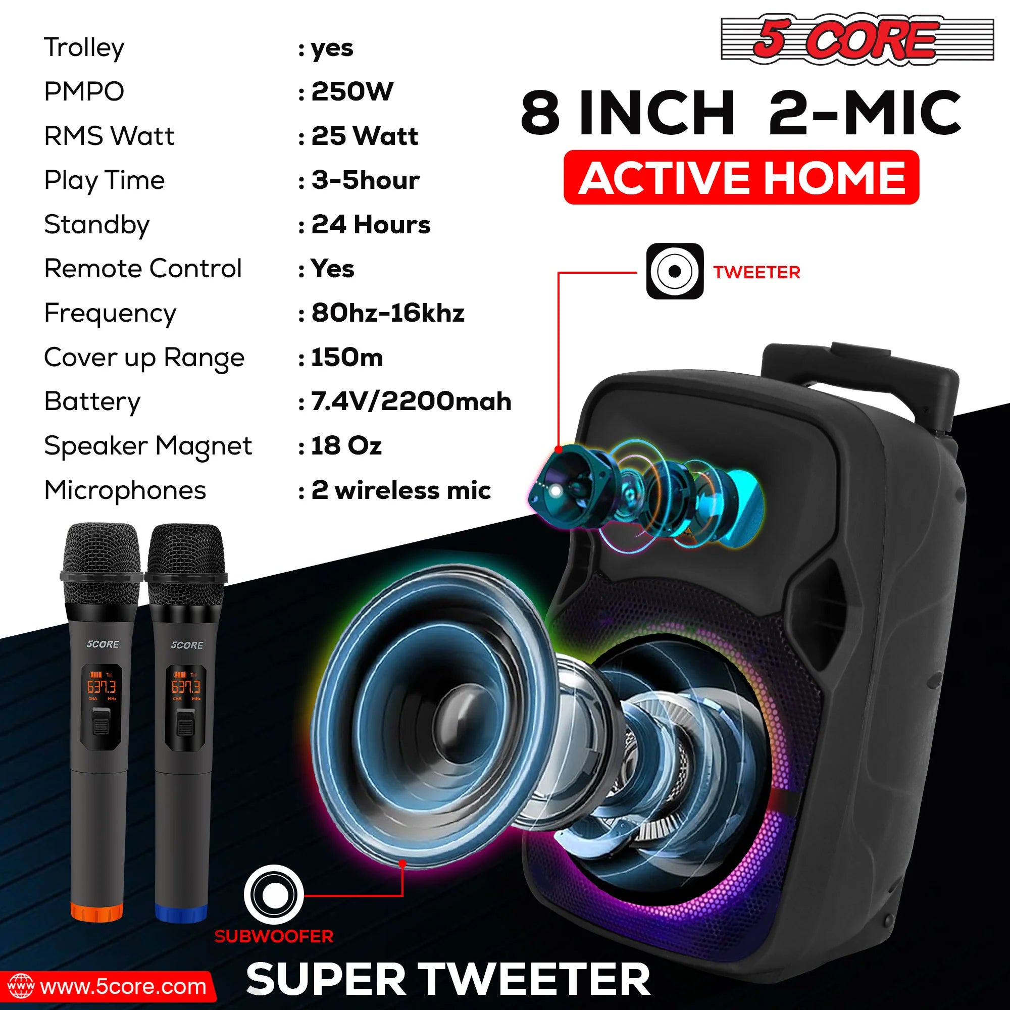 5 Core DJ Speakers 8" Rechargeable Powered PA System 250W Loud Speaker - Active Home 8 2-MIC