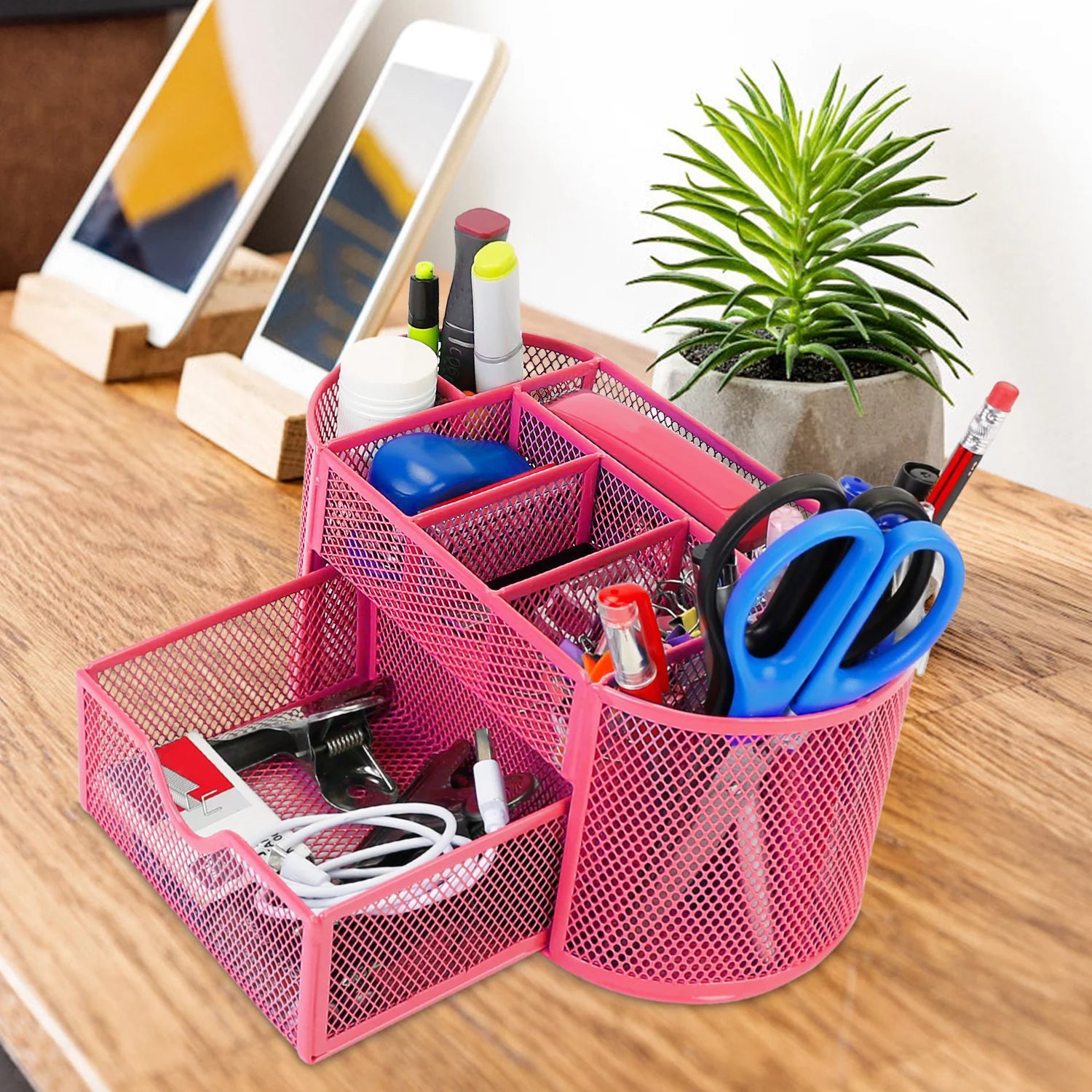 Mesh Desk Pen Organizer - Ideal for Office, School, Home, and Teacher Supplies (Hot Pink)