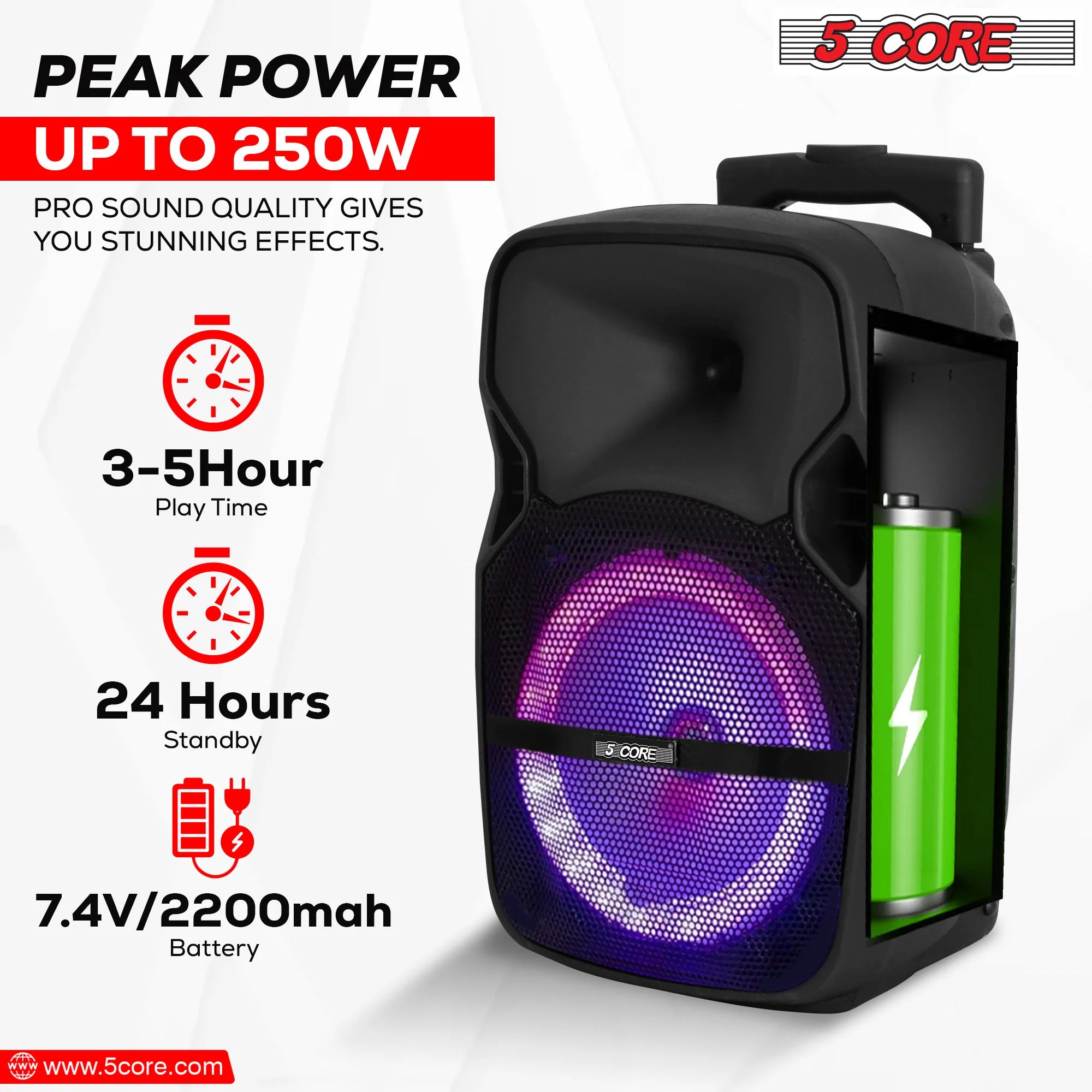 5 Core DJ Speakers 8" Rechargeable Powered PA System 250W Loud Speaker - Active Home 8 2-MIC