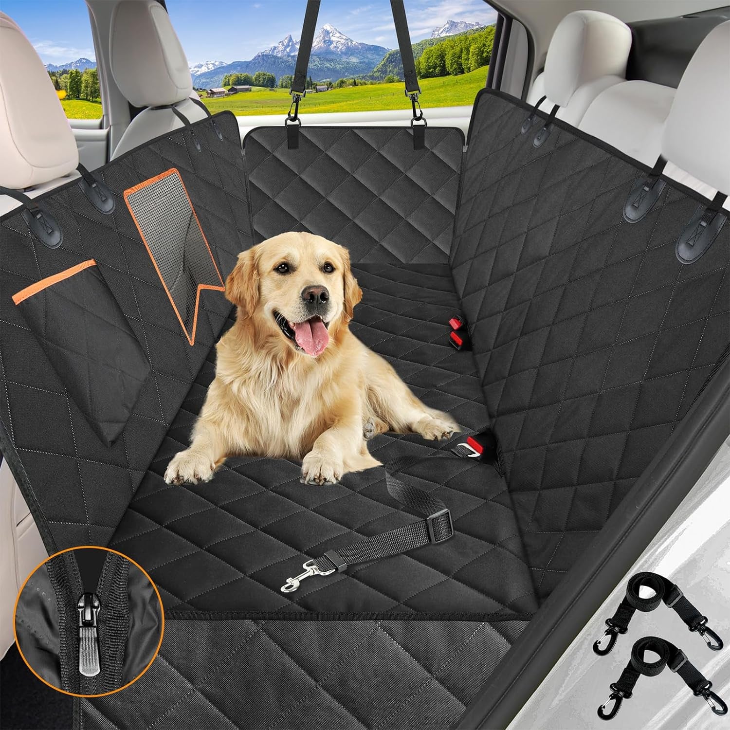 Waterproof Dog Car Seat Cover with Mesh Window, Hammock Style, Anti-Scratch, Nonslip, 600D Heavy Duty Back Seat Protector for Cars, Trucks, and SUVs