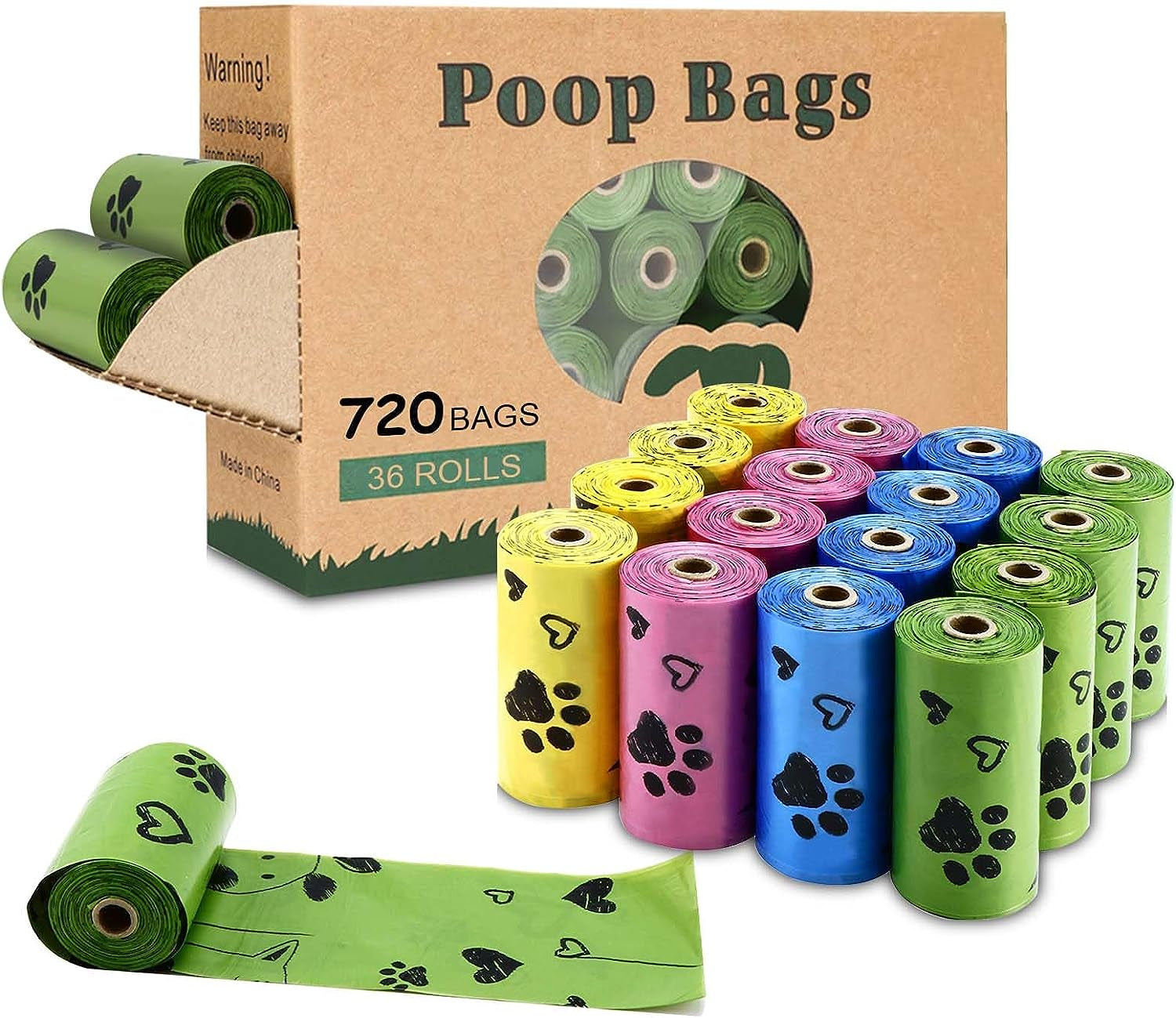 Biodegradable Dog Poop Bags: 720 Extra Thick, Leak-Proof Waste Bags with Dispenser - Scented (4 Mixed Colors Green Blue Yellow Pink)