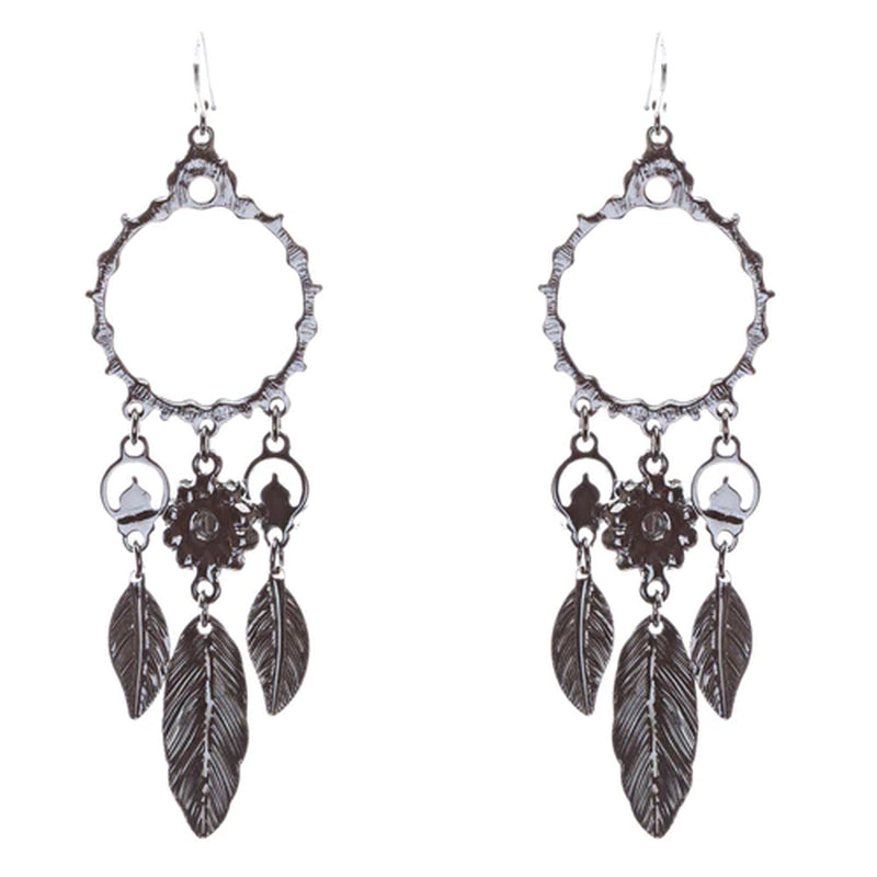 Elegant Leaf Drop Circle Crystal Rhinestone Dangle Earrings - Hematite