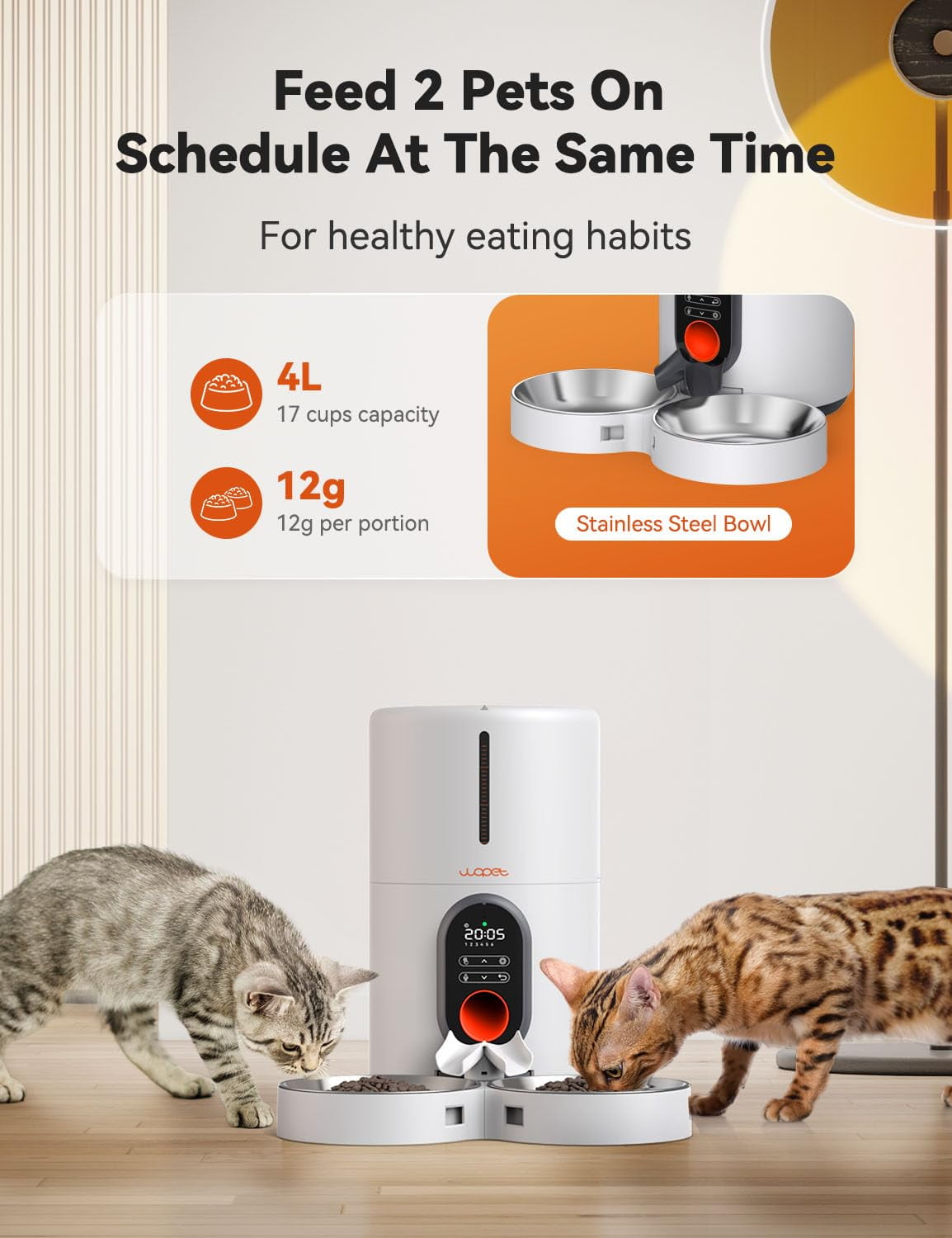 Automatic Cat Feeders for 2 Cats: Timed Dog Food Dispenser with Splitter, 2 Stainless Bowls, 6 Meals/Day, 10S Meal Call - White