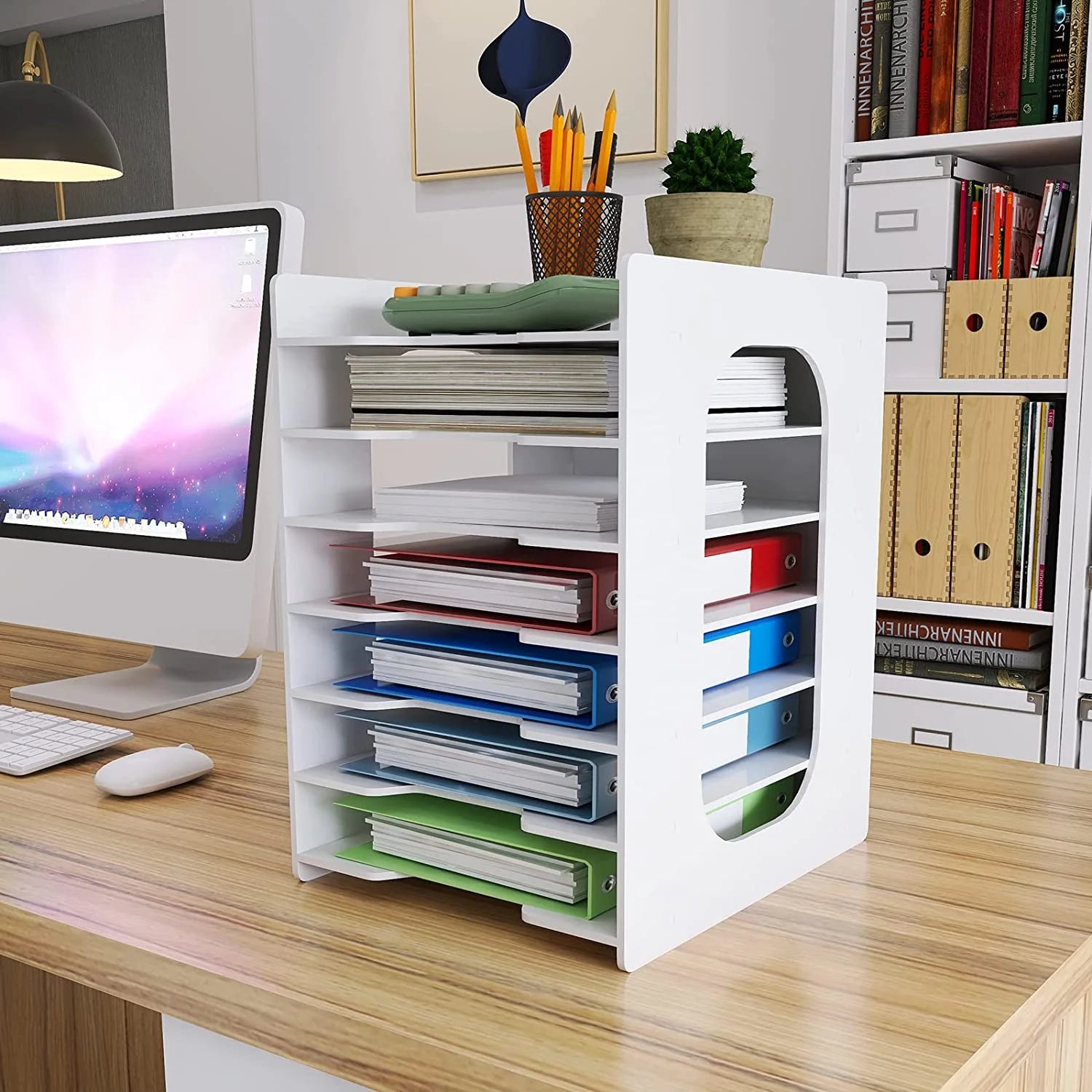 10-Tier Office Stackable Paper Organizer - White Desktop File Sorter, Letter Tray Holder, Document Storage Rack for Home, Office, and School