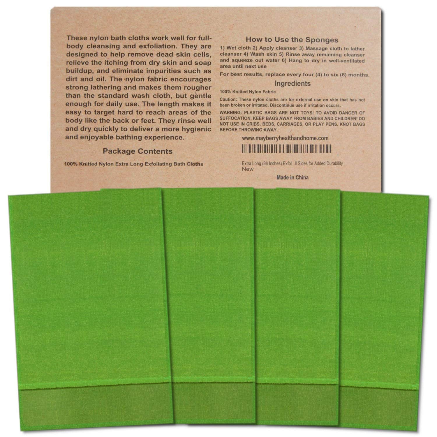 Extra Long (36 Inches) Exfoliating Bath Cloth/Towel - 4 Pack of Nylon Bath Cloths/Towels, Stitched on All Sides for Enhanced Durability - Green