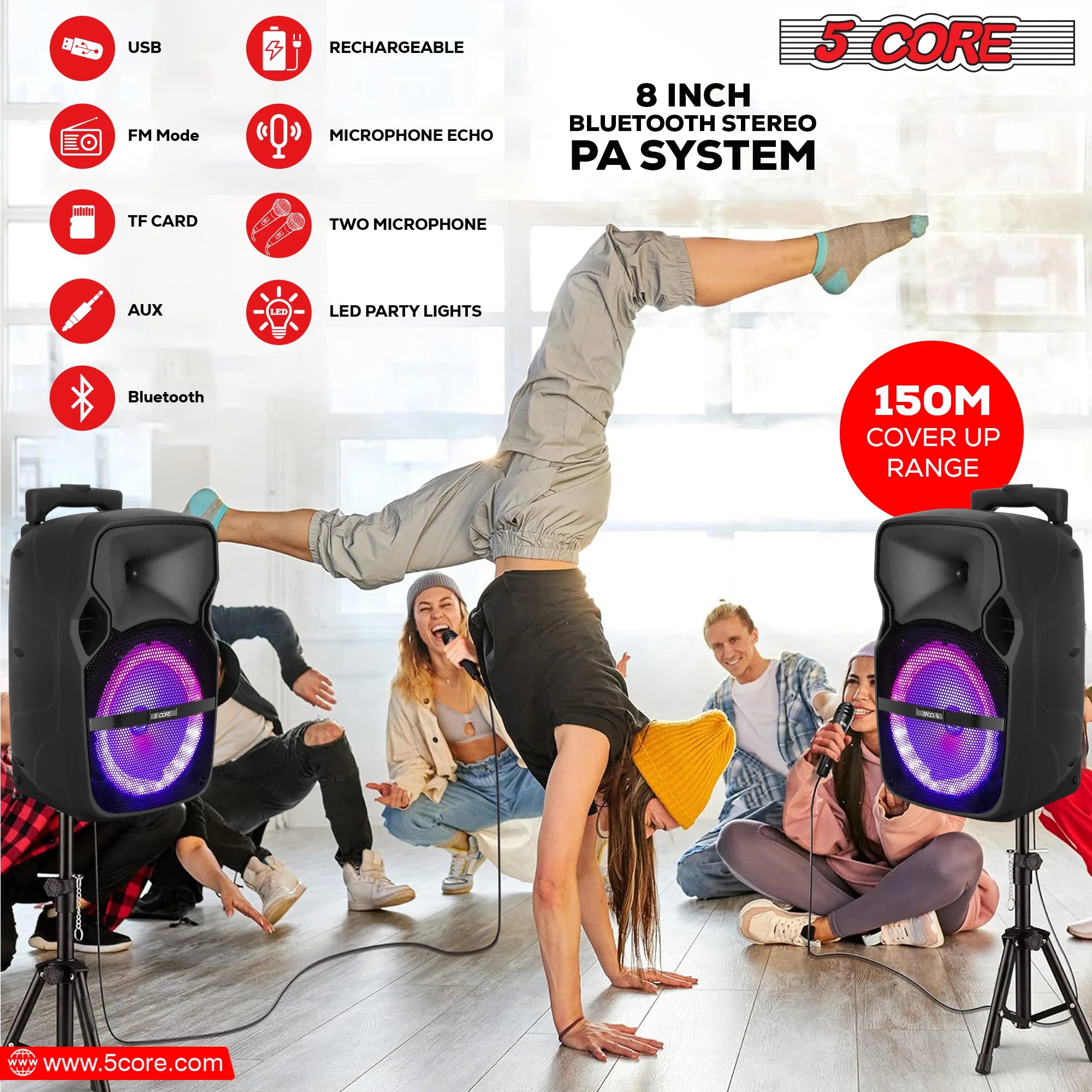 5 Core DJ Speakers 8" Rechargeable Powered PA System 250W Loud Speaker - Active Home 8 2-MIC