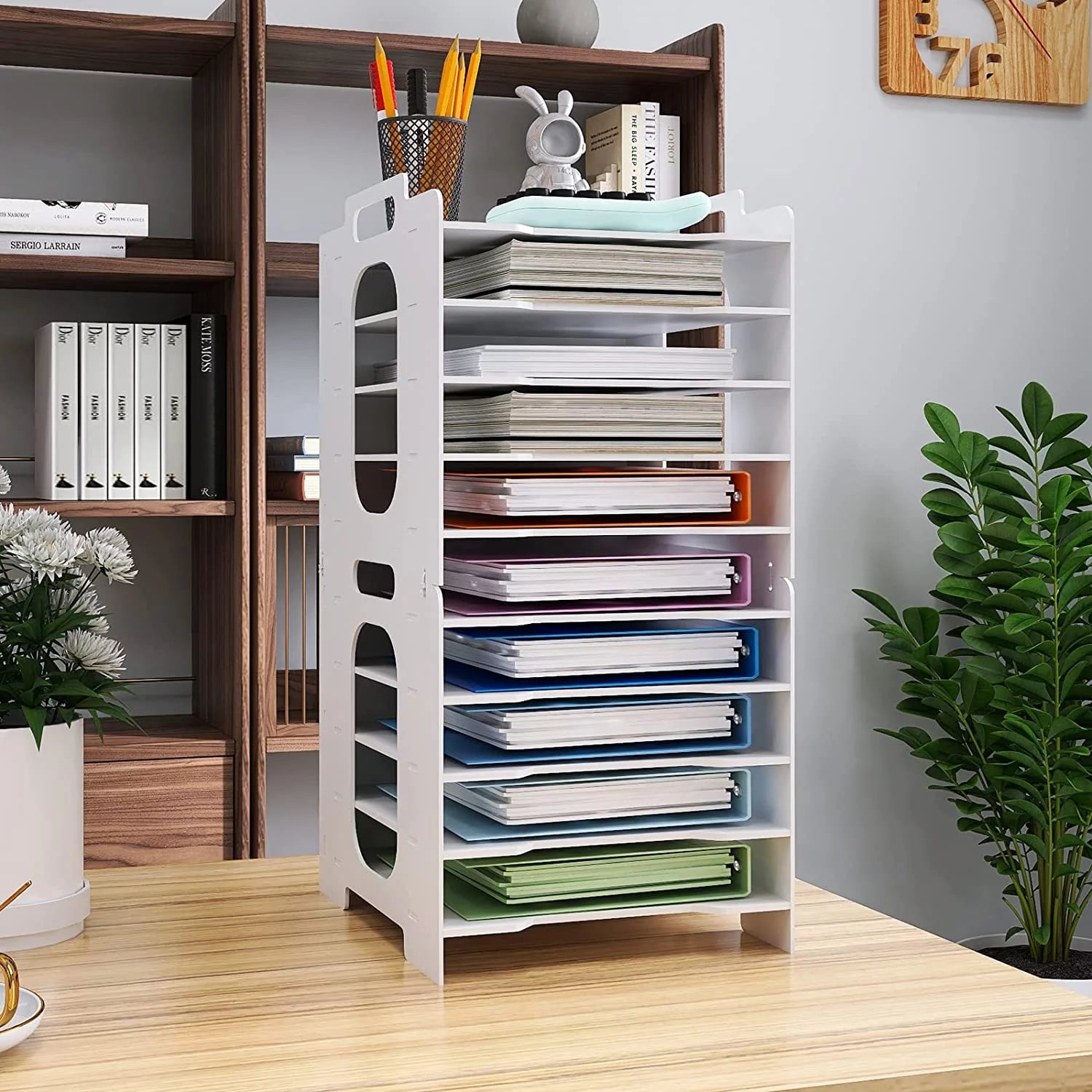 10-Tier Office Stackable Paper Organizer - White Desktop File Sorter, Letter Tray Holder, Document Storage Rack for Home, Office, and School