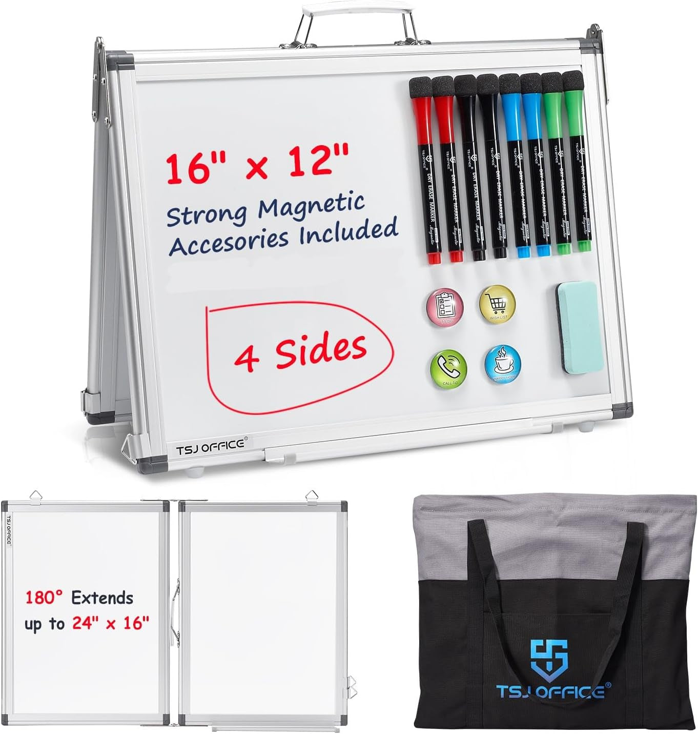 Portable Magnetic Small Whiteboard - 12 x 16 Inches, Foldable Desktop Easel with 4 Sides, Ideal for Students, Office, School, and Home Use