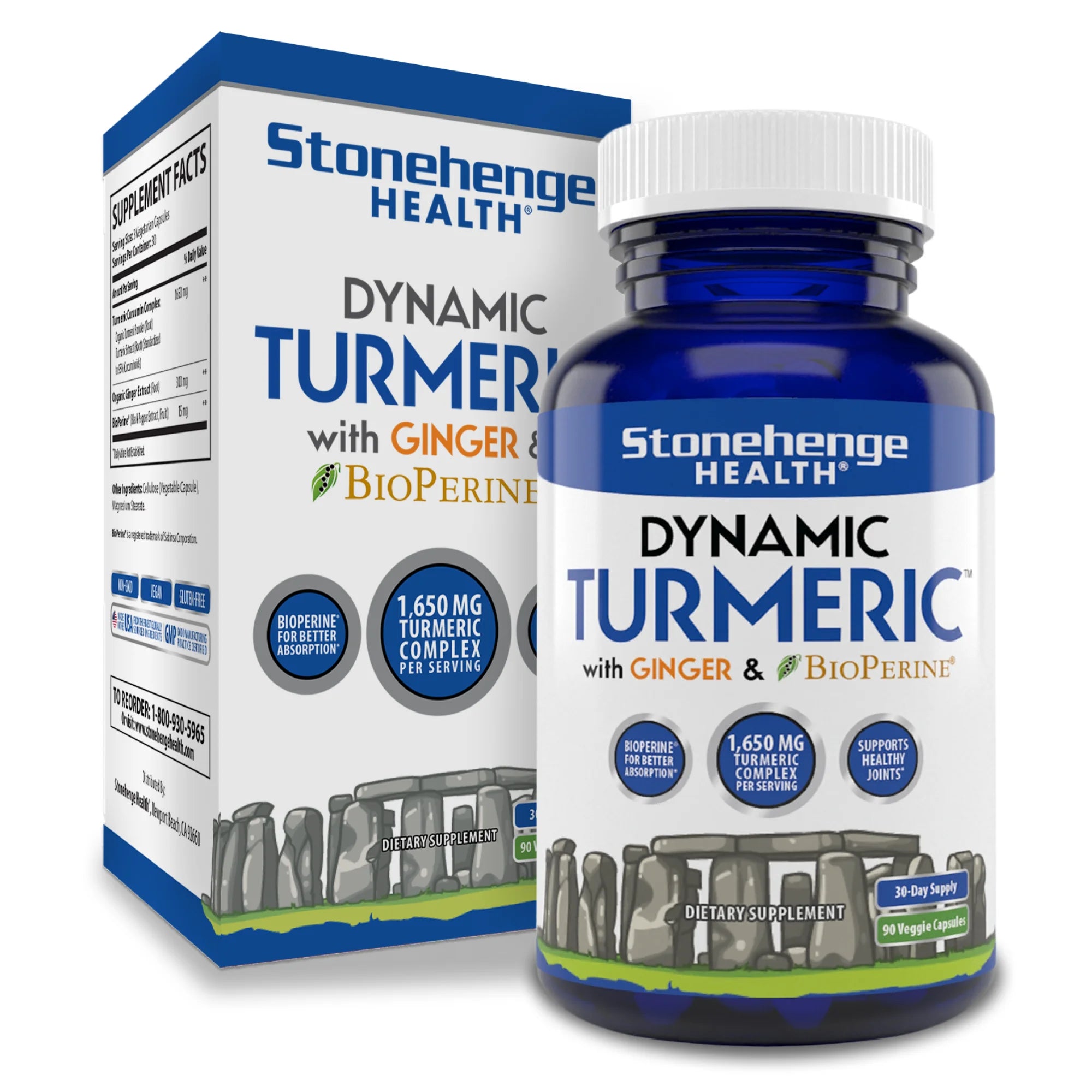 Dynamic Turmeric Curcumin Ginger Supplement - Highest Potency Available, 1,650 mg Turmeric with 95% Curcuminoids & Bioperine® for Enhanced Absorption - Supports Joint Health, 90 Vegetarian Capsules (1 Pack)