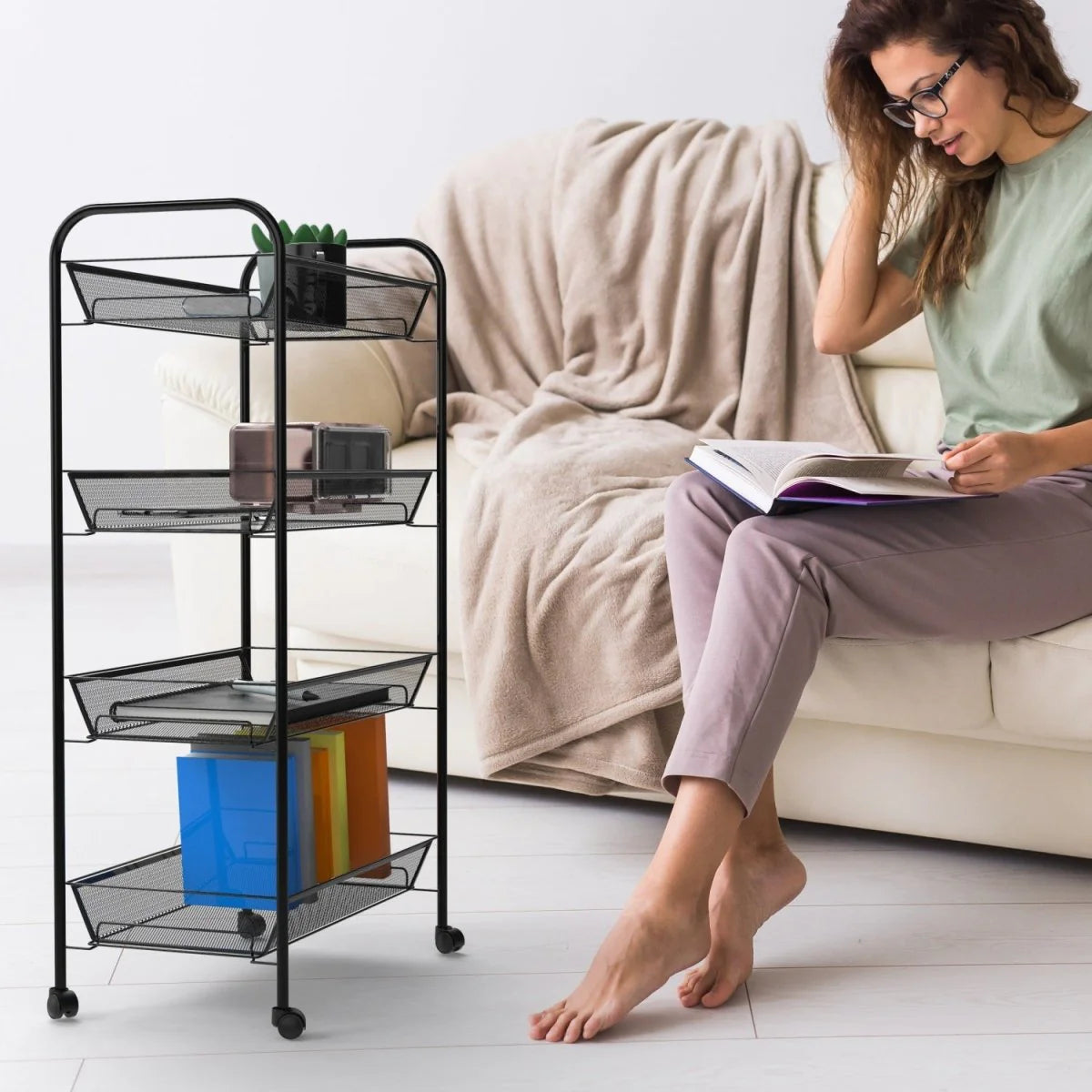 4-Tier Metal Rolling Storage Cart with Baskets - Office and Home Organizer