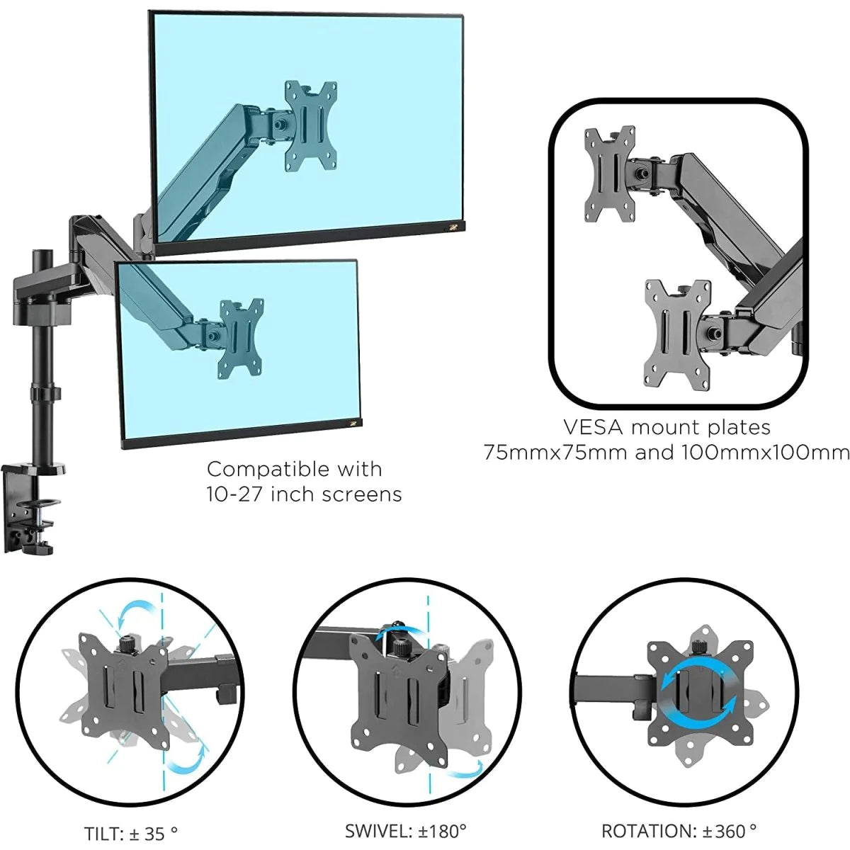 Height Adjustable Gas Spring Dual Monitor Stand for 2 Monitors (10-27 Inches) - Black