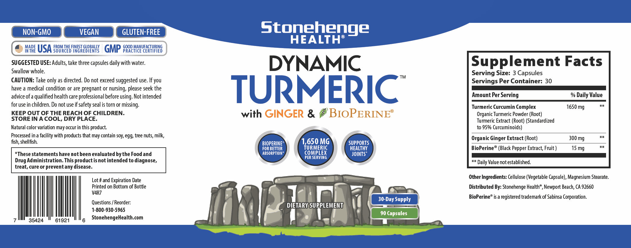 Dynamic Turmeric Curcumin Ginger Supplement - Highest Potency Available, 1,650 mg Turmeric with 95% Curcuminoids & Bioperine® for Enhanced Absorption - Supports Joint Health, 90 Vegetarian Capsules (1 Pack)