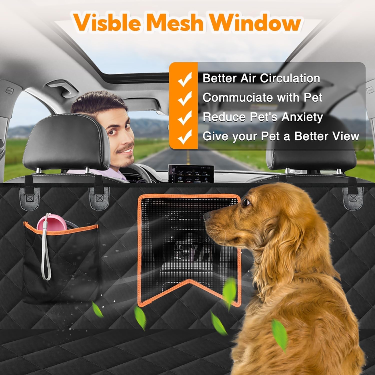 Waterproof Dog Car Seat Cover with Mesh Window, Hammock Style, Anti-Scratch, Nonslip, 600D Heavy Duty Back Seat Protector for Cars, Trucks, and SUVs