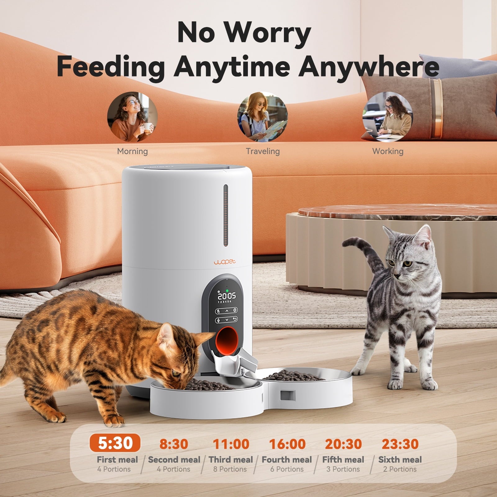 Automatic Cat Feeders for 2 Cats: Timed Dog Food Dispenser with Splitter, 2 Stainless Bowls, 6 Meals/Day, 10S Meal Call - White