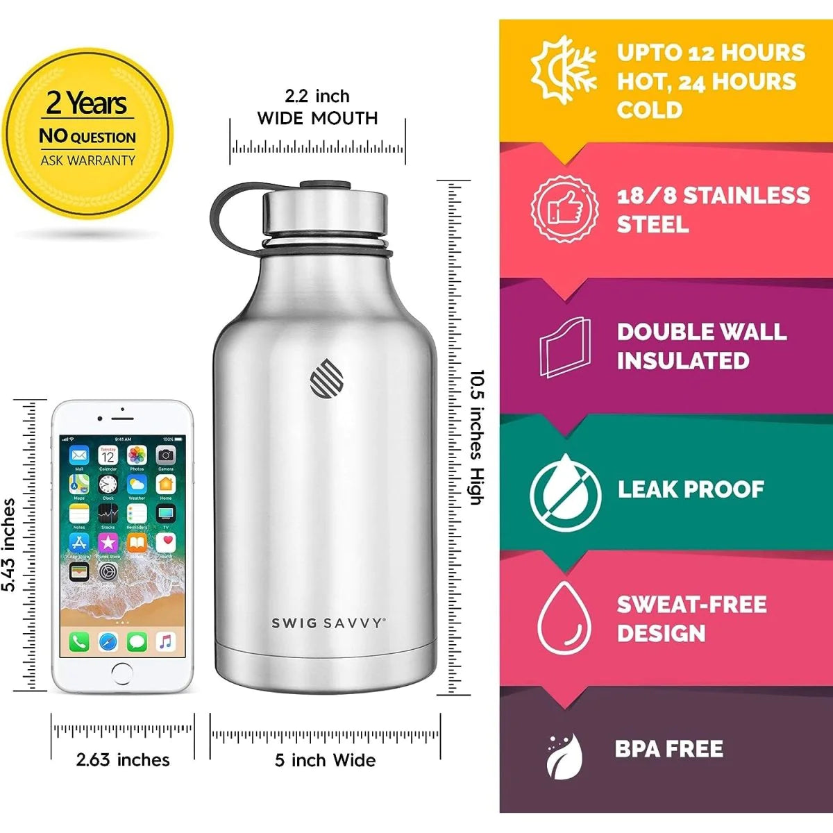 64Oz Sports Water Bottle (Silver) - Vacuum Insulated Stainless Steel with Leakproof Lid