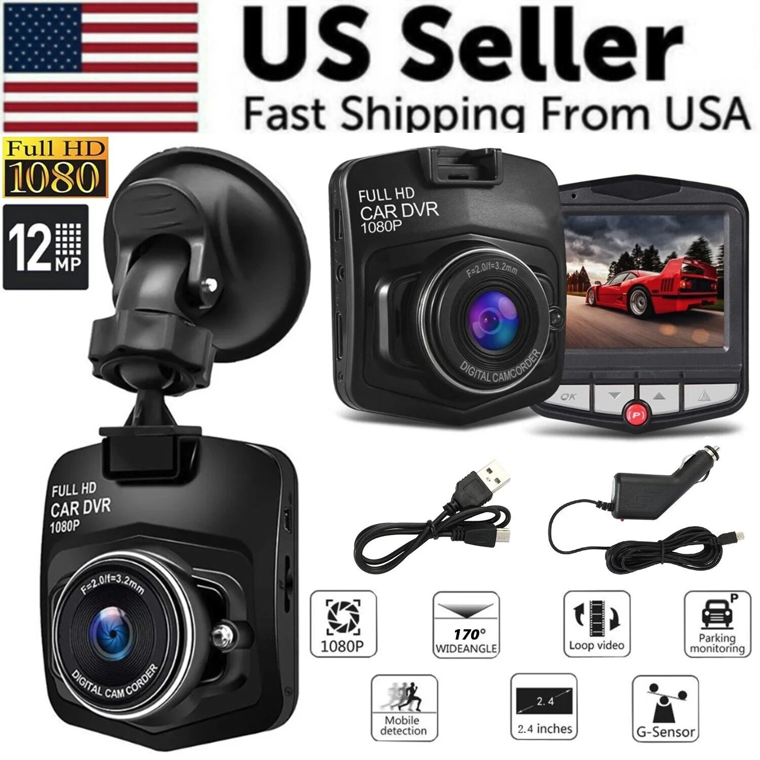 2.4'' Full HD 1080P Dash Cam Car DVR Front or Rear Camera Night Vision G-Sensor