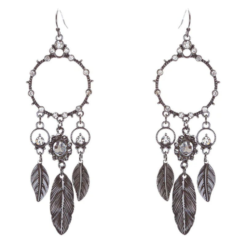 Elegant Leaf Drop Circle Crystal Rhinestone Dangle Earrings - Hematite