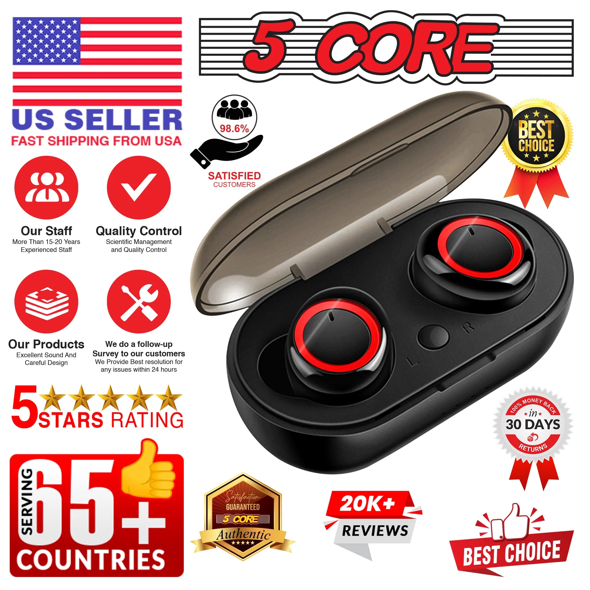 5Core Wireless Ear Buds Mini Bluetooth Noise Cancelling Earbud Headphones 32 Hours Playtime IPX8