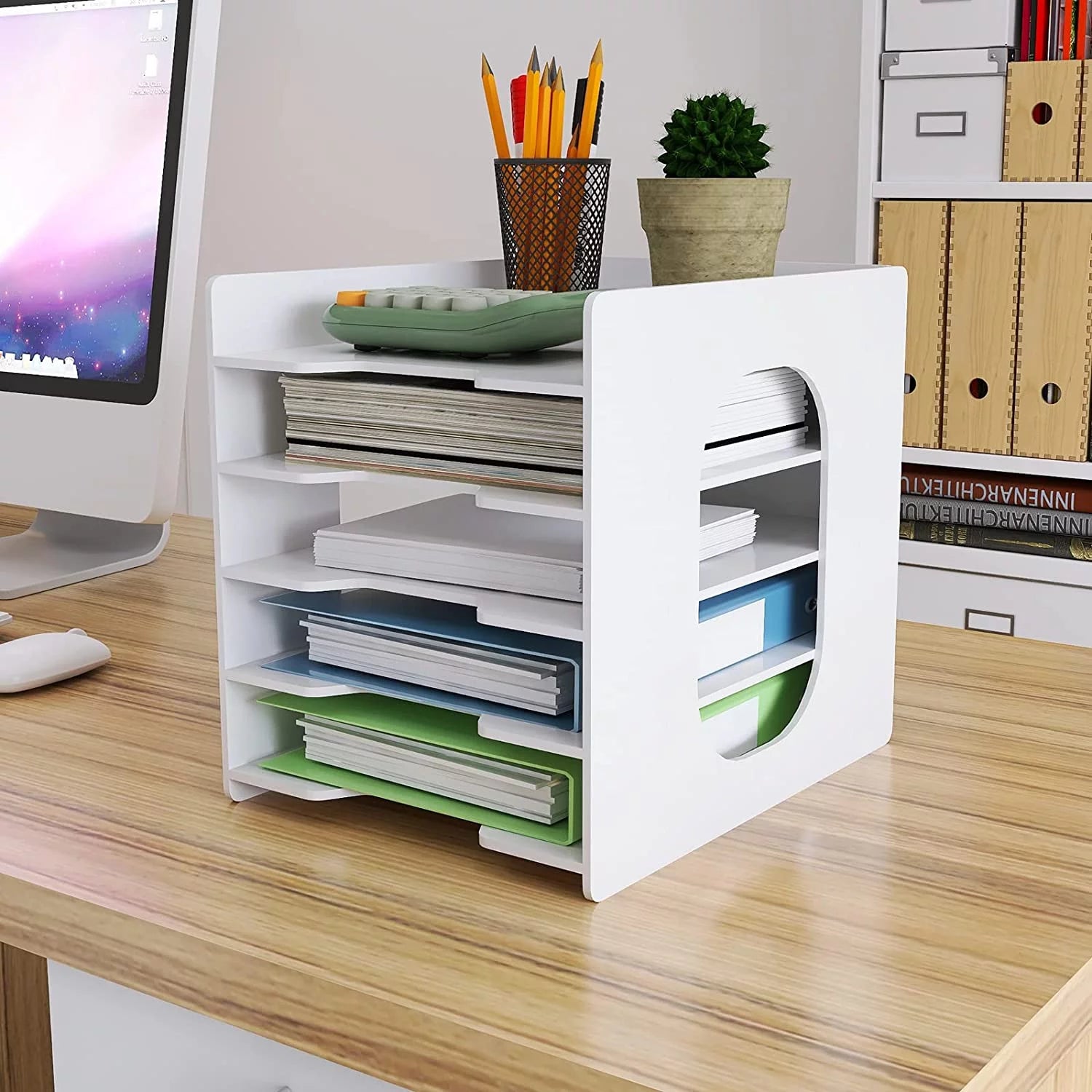 10-Tier Office Stackable Paper Organizer - White Desktop File Sorter, Letter Tray Holder, Document Storage Rack for Home, Office, and School