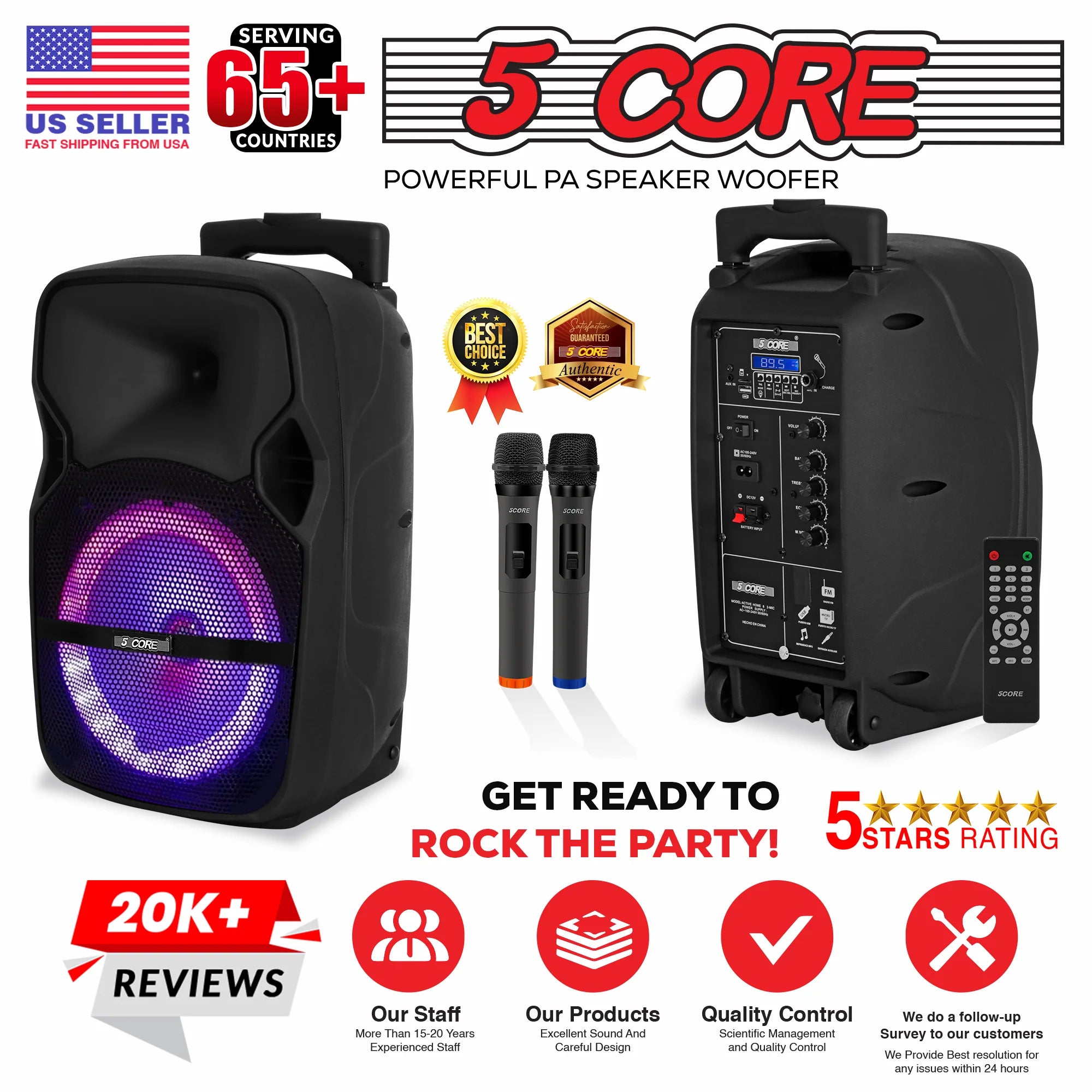 5 Core DJ Speakers 8" Rechargeable Powered PA System 250W Loud Speaker - Active Home 8 2-MIC