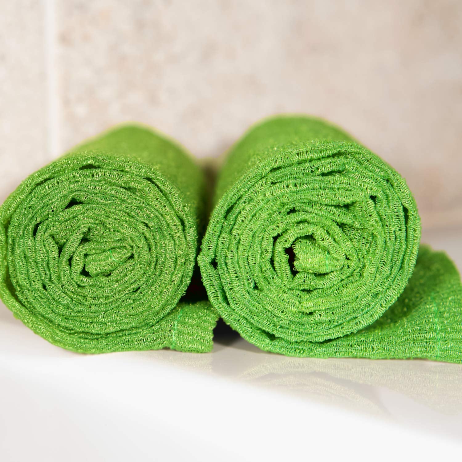 Extra Long (36 Inches) Exfoliating Bath Cloth/Towel - 4 Pack of Nylon Bath Cloths/Towels, Stitched on All Sides for Enhanced Durability - Green