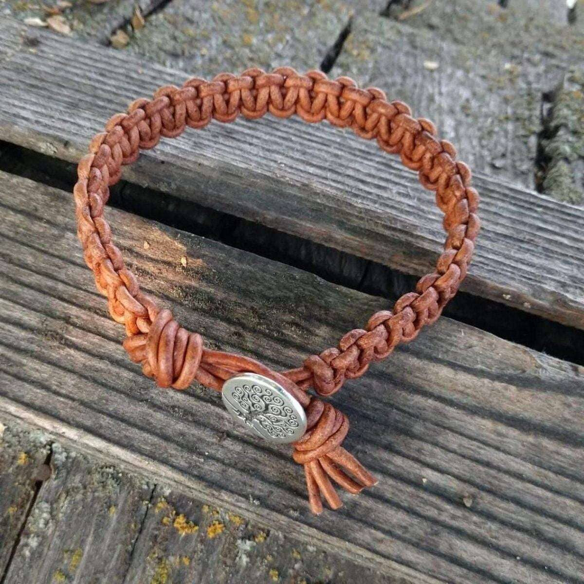 Large Men's Tree of Life Earth Colored Macrame Leather Bracelet