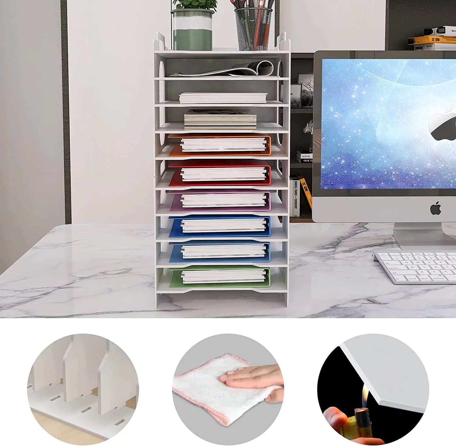 10-Tier Office Stackable Paper Organizer - White Desktop File Sorter, Letter Tray Holder, Document Storage Rack for Home, Office, and School