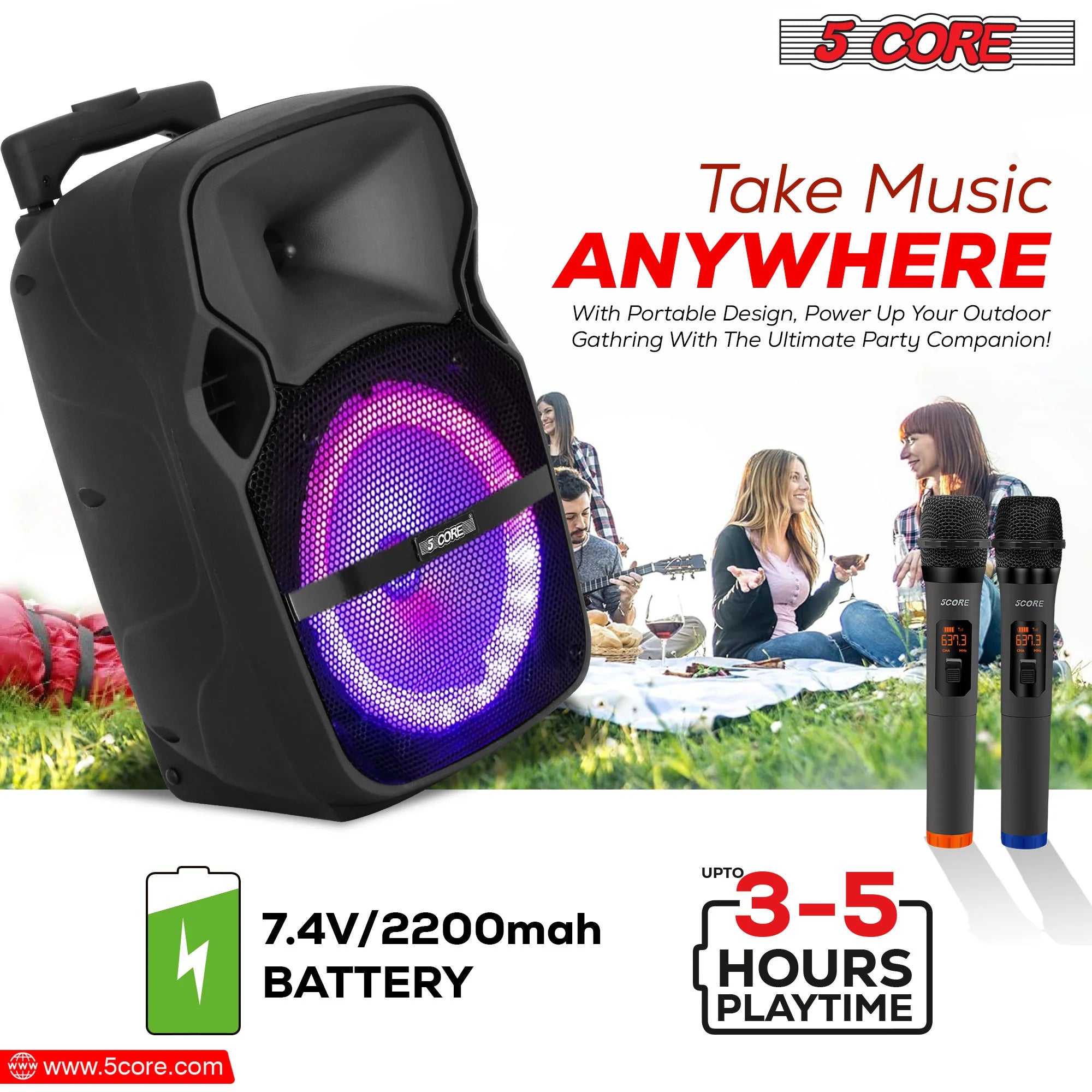 5 Core DJ Speakers 8" Rechargeable Powered PA System 250W Loud Speaker - Active Home 8 2-MIC