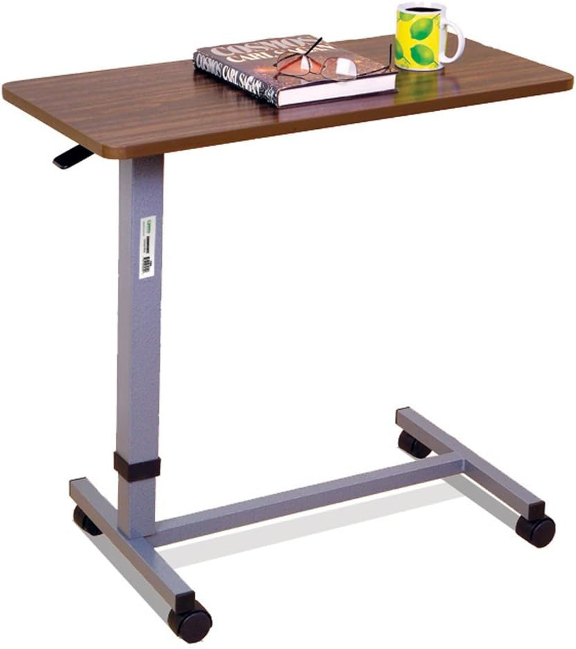 Height Adjustable Automatic Overbed Table with Woodgrain Top and Locking Wheels - Convenient Mobility and Versatile Functionality