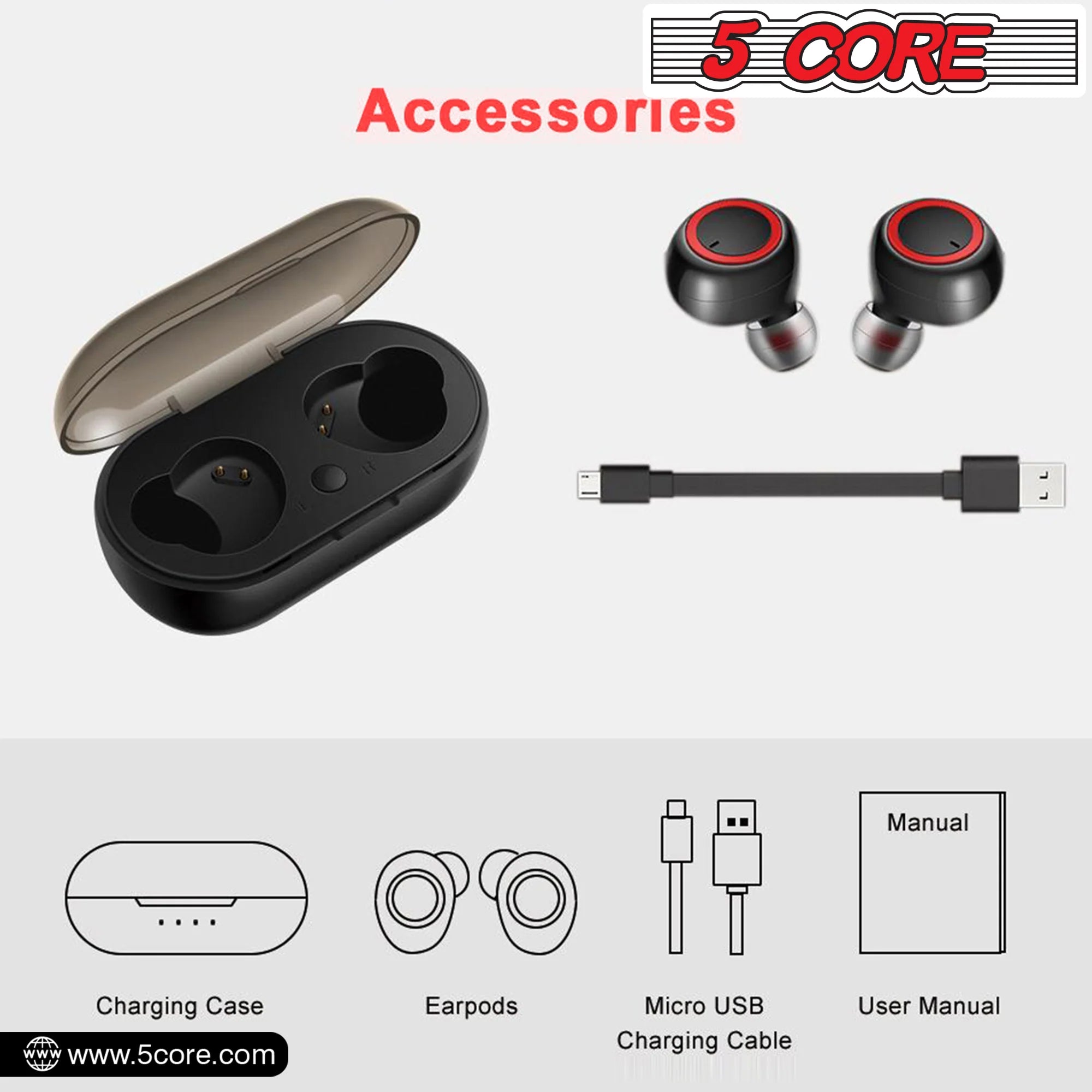 5Core Wireless Ear Buds Mini Bluetooth Noise Cancelling Earbud Headphones 32 Hours Playtime IPX8