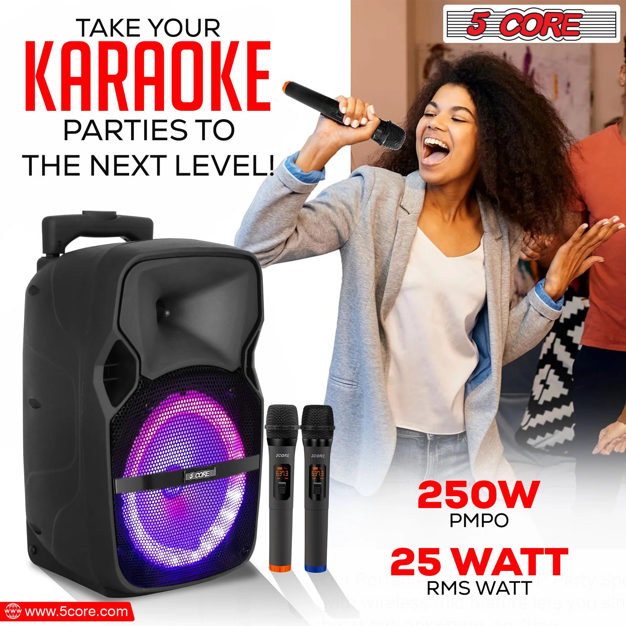 5 Core DJ Speakers 8" Rechargeable Powered PA System 250W Loud Speaker - Active Home 8 2-MIC