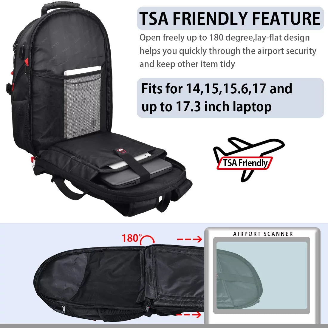 17-Inch Waterproof Extra Large TSA Travel Laptop Backpack - Anti-Theft College School Business Backpack with USB Charging Port, 45L Gaming Computer Backpack for Men and Women - Black