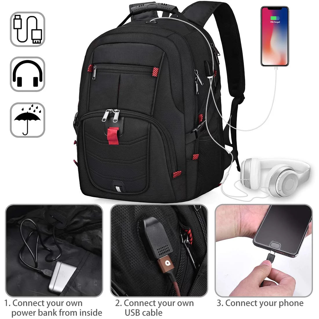 17-Inch Waterproof Extra Large TSA Travel Laptop Backpack - Anti-Theft College School Business Backpack with USB Charging Port, 45L Gaming Computer Backpack for Men and Women - Black