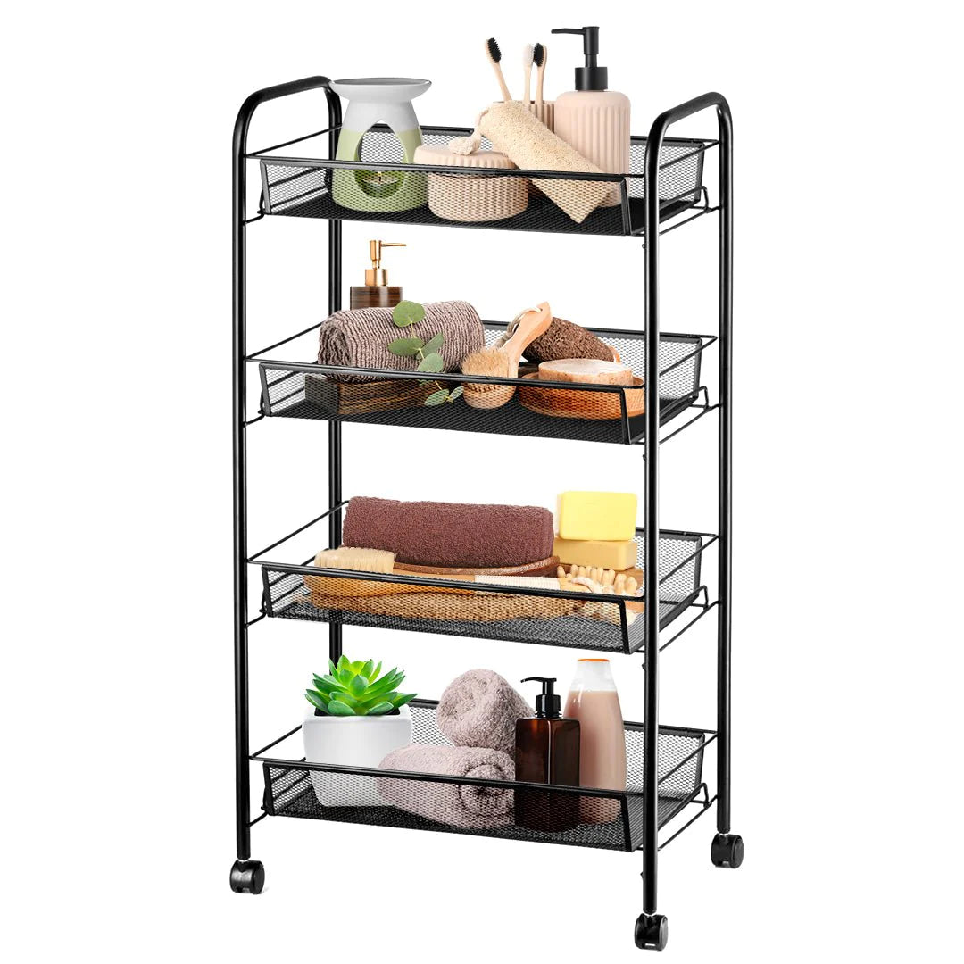 4-Tier Metal Rolling Storage Cart with Baskets - Office and Home Organizer